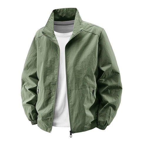 Men's Casual Stand Collar Full Zip Windbreaker Jacket Lightweight Loose Fit Spring Outerwear Solid Color Nylon Coat
