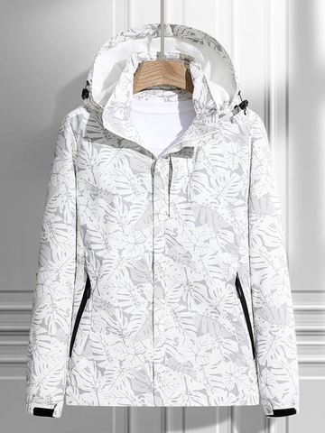Giacca a Vento Outdoor Con Cappuccio Resistente All'Acqua Traspirante Stampa Foglie Giacca Leggera Escursionismo Uomo Donna