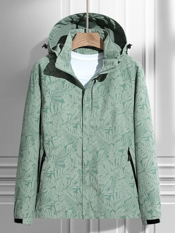 Giacca a Vento Outdoor Con Cappuccio Resistente All'Acqua Traspirante Stampa Foglie Giacca Leggera Escursionismo Uomo Donna