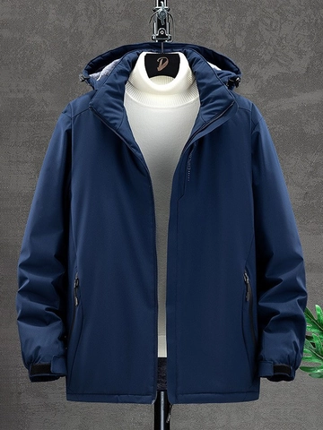Men Outdoor Waterproof Windproof Hooded Jacket Fleece Lined Warm Winter Coat Loose Fit Explore Letter Print Sporty Outerwear