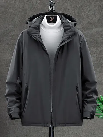 Men Outdoor Waterproof Windproof Hooded Jacket Fleece Lined Warm Winter Coat Loose Fit Explore Letter Print Sporty Outerwear
