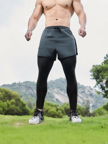 Men's 2-in-1 Sports Leggings with Shorts Quick Dry Breathable Gym Running Fitness Compression Pants with Phone Pocket Towel Loop