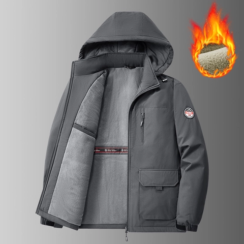 Giacca Imbottita in Pile Invernale da Uomo con Cappuccio Calda Antivento Outdoor Workwear Tasche Multiple Tinta Unita Soprabito Taglie Forti