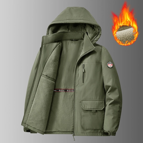Giacca Imbottita in Pile Invernale da Uomo con Cappuccio Calda Antivento Outdoor Workwear Tasche Multiple Tinta Unita Soprabito Taglie Forti