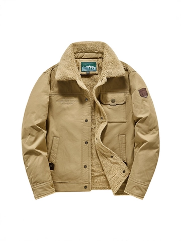 Giacca da Uomo Ispessita in Lana di Agnello Foderata in Pile Invernale Caldo Cappotto Militare Workwear Con Rever Ricamo Patch Per Outdoor