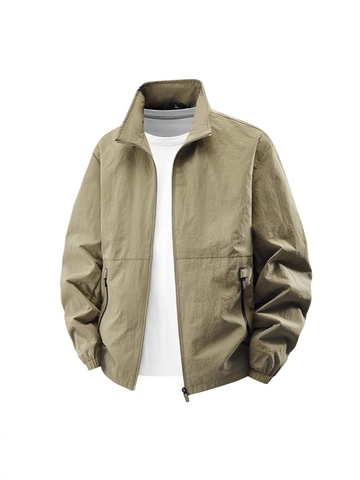 Men Outdoor Windproof Lightweight Jacket Casual Stand Collar Zipper Fly Windbreaker Multi Pocket Solid Color Sport Coat