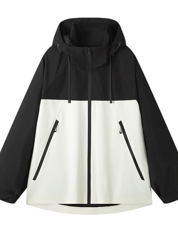 Outdoor Hooded Jacket Men Women Waterproof Windproof Patchwork Contrast Color Zip Up Windbreaker Casual Sporty Coat