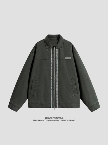 Men's American Vintage Washed Cotton Workwear Jacket Loose Fit Ethnic Embroidery Tape Zipper Lapel Casual Outdoor Long Sleeve Top Outerwear