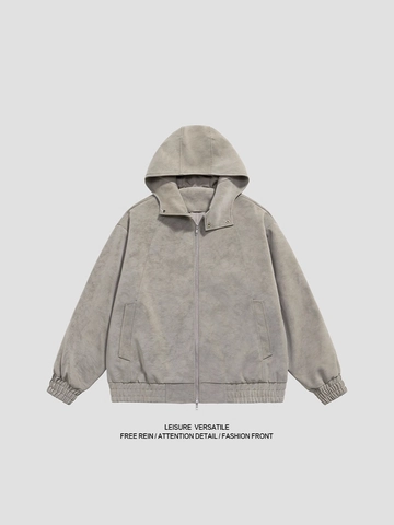 Men Vintage Washed PU Leather Jacket Retro Loose Hooded Flight Jacket Casual Streetwear Stand Collar Baseball Uniform Coat