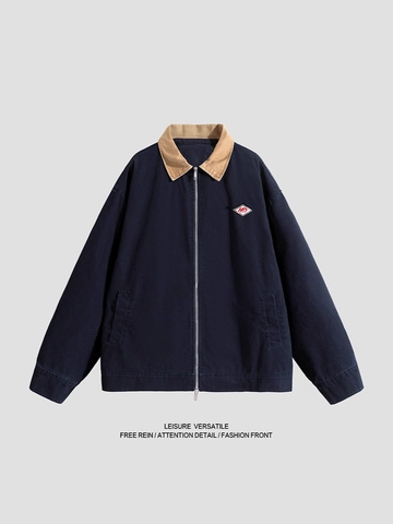 Chaqueta de Trabajo Vintage Americana para Hombre con Solapa de Contraste Lona de Algodón 100% Abrigo Informal con Cremallera