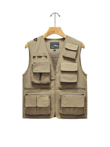 Gilet Utilitaire Homme Nylon Maille Respirante Multi Poches Col en V Fermeture Éclair Pêche Photographie Extérieur Gilet Homme