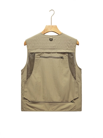 Gilet Utilitaire Homme Nylon Maille Respirante Multi Poches Col en V Fermeture Éclair Pêche Photographie Extérieur Gilet Homme