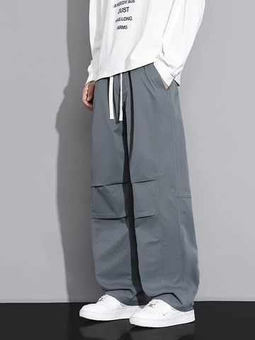 Men Casual Cargo Pants Loose Wide Leg Trousers With Drawstring Waist Knee Pleated Design Straight Leg Pants For Outdoor Daily