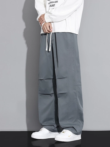 Men Casual Cargo Pants Loose Wide Leg Trousers With Drawstring Waist Knee Pleated Design Straight Leg Pants For Outdoor Daily