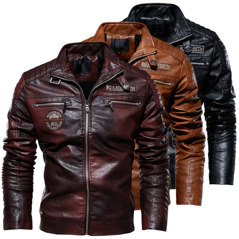 Men PU Leather Motorcycle Jacket Stand Collar Fleece Lined Warm Winter Coat Slim Fit Biker Jacket With Embroidery Patches