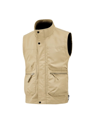 Men's Casual Multi Pocket Work Vest Polyester Windproof Stand Collar Sleeveless Outdoor Waistcoat For Spring Autumn Daily Wear