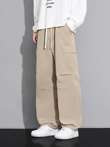 Men Loose Cargo Pants Multi-Pocket Straight Leg Drawstring Waist Polyester Casual Trousers American Streetwear Style Men Pants