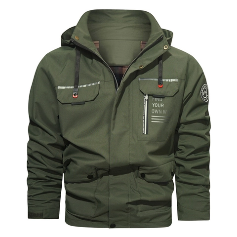 Men's Outdoor Windproof Hooded Jacket Multi-pocket Workwear Casual Coat For Spring Autumn Male Find Your Own Way Print Jacket