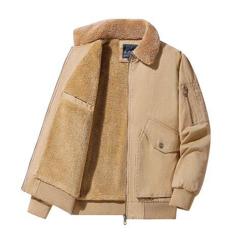 Herren Winter Verdickte Baumwolle Workwear Jacke Mit Lammfellkragen Warm Locker Lässig Multi-Taschen Bombermantel