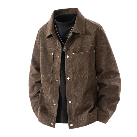 Men Vintage Workwear Jacket Polyester Blend Multi Pocket Windproof Lapel Coat Retro Zebra Texture Casual Outerwear For Men