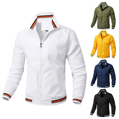 Men's Casual Stand Collar Jacket Striped Ribbed Trim Zip Up Windbreaker Lightweight Outerwear For Men Solid Color Sport Coat