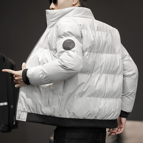 Men's Winter Thickened Puffer Jacket Stand Collar Quilted Outerwear With Ribbed Cuffs Fashion Lion Head Badge Warm Padded Coat For Casual Daily Cold Weather