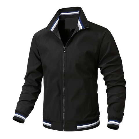 Men's Casual Stand Collar Jacket Striped Ribbed Trim Zip Up Windbreaker Lightweight Outerwear For Men Solid Color Sport Coat