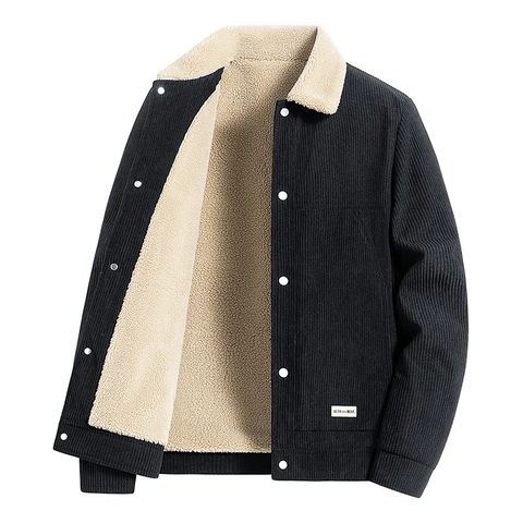 Veste en Velours Côtelé pour Hommes Avec Doublure Chaude en Fausse Fourrure Hiver Coupe-vent Revers Manteau Décontracté Rembourré