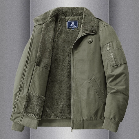 Men Heavyweight Fleece Lined Cotton Jacket Warm Faux Sherpa Collar Winter Workwear Bomber Coat Casual Outerwear For Men