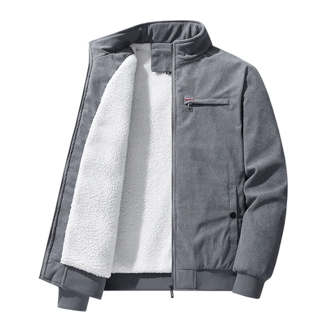 Men's Winter Corduroy Padded Jacket Fleece Lined Thick Stand Collar Zipper Casual Warm Outerwear Solid Color Coat