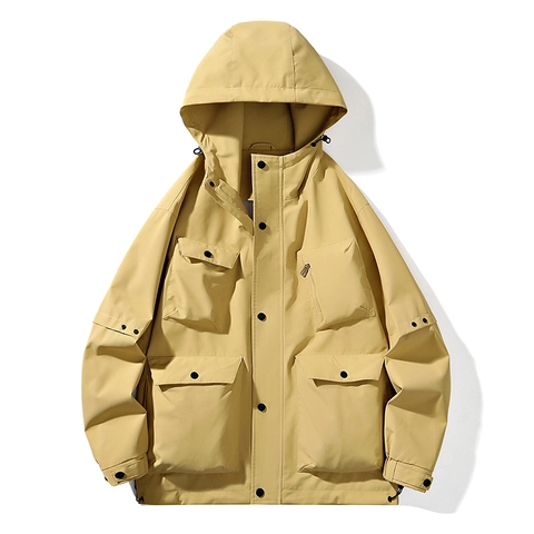 Men Hooded Workwear Jacket Waterproof Windproof Cargo Outdoor Casual Polyester Non-Iron Loose Fit Multi-Pocket Spring Autumn Coat