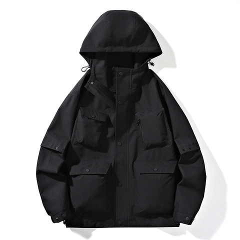 Men Hooded Workwear Jacket Waterproof Windproof Cargo Outdoor Casual Polyester Non-Iron Loose Fit Multi-Pocket Spring Autumn Coat