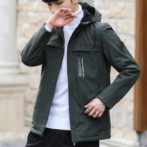 Men Hooded Fleece Jacket Winter Warm Windbreaker Casual Outdoor Sport Coats With Zipper Pockets Solid Color Outerwear For Men