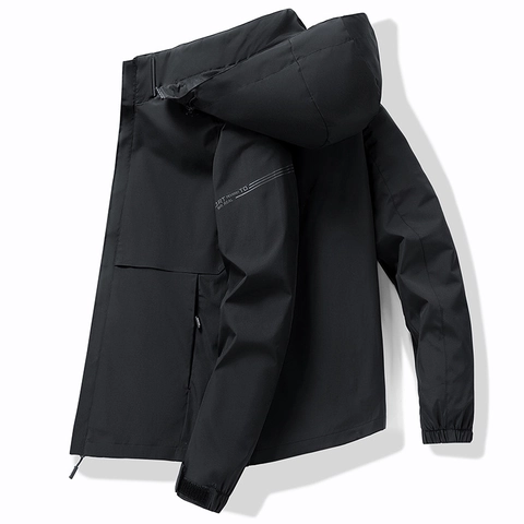 Men Hooded Jacket Polyester Windbreaker Waterproof Outdoor Coat Lightweight Casual Zip Up Urban Fashion Outerwear Men