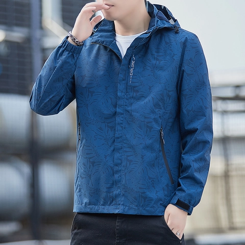 Outdoor Hooded Windbreaker Waterproof Windproof Polyester Leaf Print Lightweight Casual Jacket For Men And Women Spring Autumn Fashion Wear