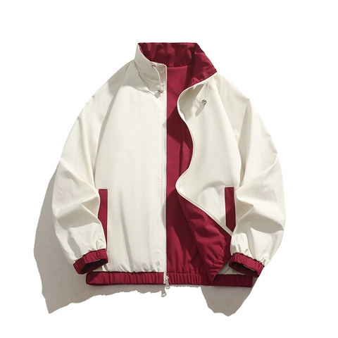 Men Reversible Color Block Jacket 100% Polyester Stand Collar Windbreaker Casual Sporty Loose Outerwear With Zip Closure