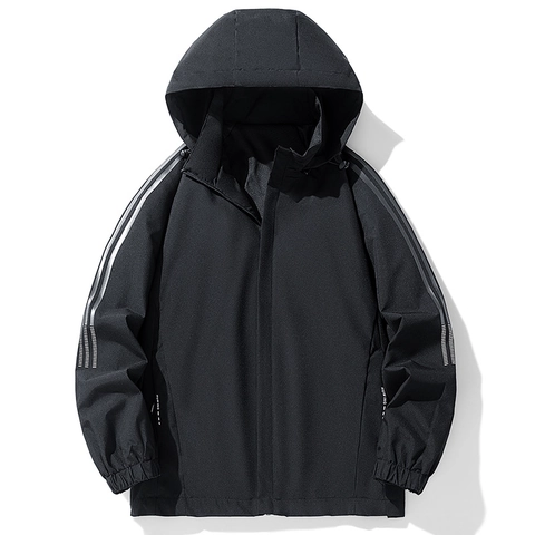 Men's Sporty Hooded Jacket 100% Polyester Windproof Waterproof Outerwear Detachable Hood Contrast Stripes Windbreaker For Men