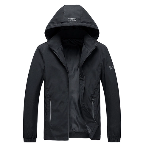 Men Hooded Jacket Windproof Polyester Fleece Warm Outdoor Casual Top Solid Color Korean Style Sporty Zipper Outerwear