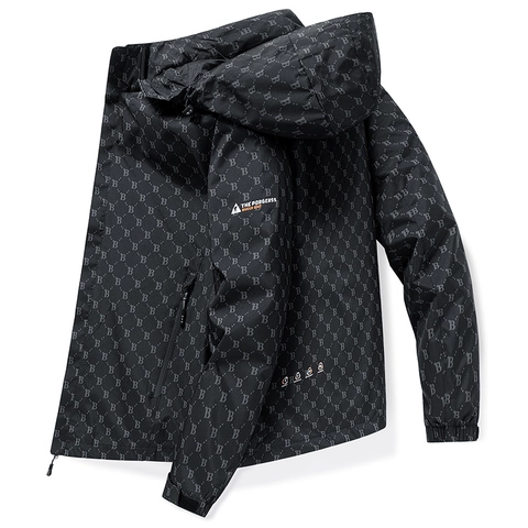 Men Hooded Outdoor Windbreaker Jacket Waterproof Windproof Breathable Monogram Print Casual Fashion Streetwear Top For Men