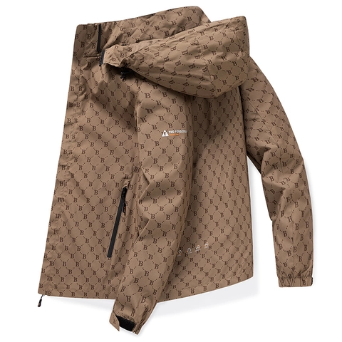 Men Hooded Outdoor Windbreaker Jacket Waterproof Windproof Breathable Monogram Print Casual Fashion Streetwear Top For Men