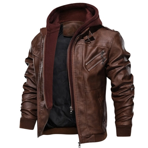 Men's Faux Leather Hooded Motorcycle Jacket Vintage PU Jacket With Detachable Hood Casual Outerwear For Men Daily Wear