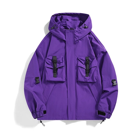 Men Hooded Cargo Jacket Multi Pockets Windproof Polyester Outerwear Casual Urban Techwear Gorpcore Loose Fit Windbreaker Coat