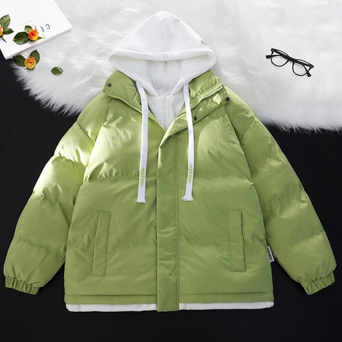 Men's Winter Fake Two Piece Hooded Puffer Jacket Thick Warm Polyester Padded Coat Loose Fit Streetwear Outwear For Unisex Adults