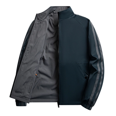 Men's Reversible Stand Collar Jacket Fleece Lined Windproof Casual Outerwear Zip Up Sporty Coat Outdoor Fashion Men