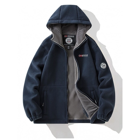 Giacca in Pile Spessa da Uomo a Doppio Strato Con Cappuccio Cappotto Invernale Caldo Zip Intera Con Toppa Bandiera Nordica