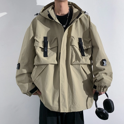 Chaqueta Cargo Techwear para Hombre Nylon Poliéster Múltiples Bolsillos Con Capucha Cortavientos Impermeabile Streetwear