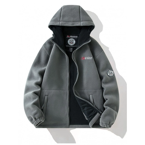 Giacca in Pile Spessa da Uomo a Doppio Strato Con Cappuccio Cappotto Invernale Caldo Zip Intera Con Toppa Bandiera Nordica