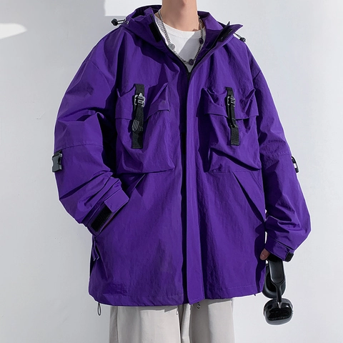 Chaqueta Cargo Techwear para Hombre Nylon Poliéster Múltiples Bolsillos Con Capucha Cortavientos Impermeabile Streetwear