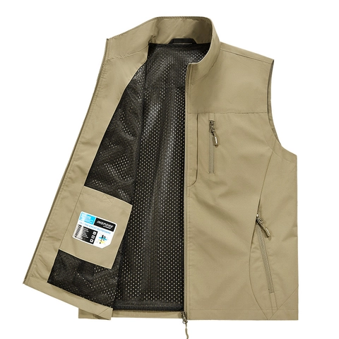 Chaleco Cargo para Hombre al Aire Libre con Múltiples Bolsillos Chaleco de Pesca Poliéster Resistente al Viento Impermeable Transpirable Forro de Malla Cuello Alto Casual Sin Mangas