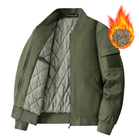 Men Washed Cotton Flight Bomber Jacket Winter Thickened Quilted Lining Warm Windproof Outdoor Work Casual Jacket Coat